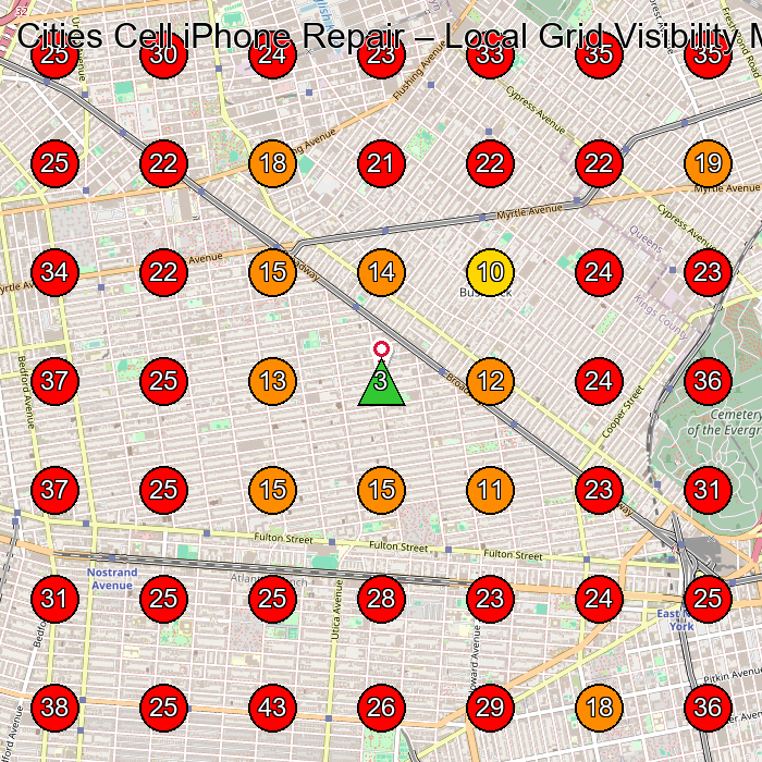 Cities Cell iPhone Repair GeoGrid visibility map for Electronics Repair Shop in Brooklyn